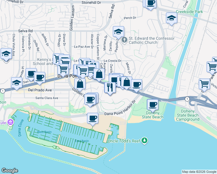 map of restaurants, bars, coffee shops, grocery stores, and more near Crystal Lantern in Dana Point