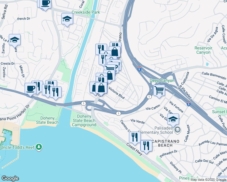 map of restaurants, bars, coffee shops, grocery stores, and more near Victoria Boulevard in Dana Point