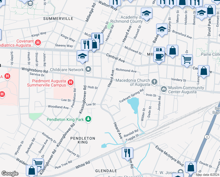 map of restaurants, bars, coffee shops, grocery stores, and more near 1422 Heard Avenue in Augusta