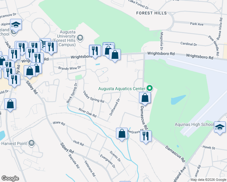 map of restaurants, bars, coffee shops, grocery stores, and more near 3009 Bramblewood Trail in Augusta