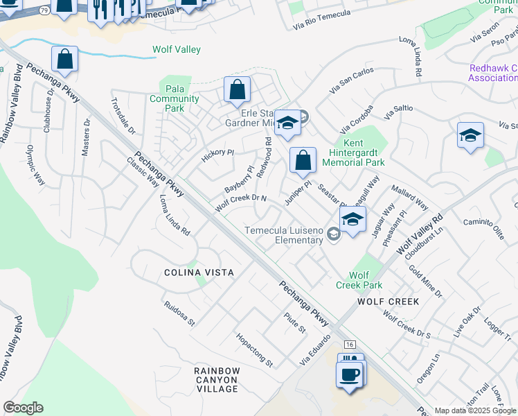 map of restaurants, bars, coffee shops, grocery stores, and more near 45590 Alpine Place in Temecula