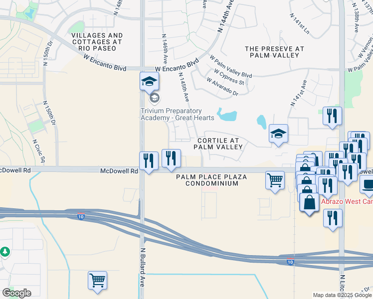 map of restaurants, bars, coffee shops, grocery stores, and more near 14540 West McDowell Road in Goodyear