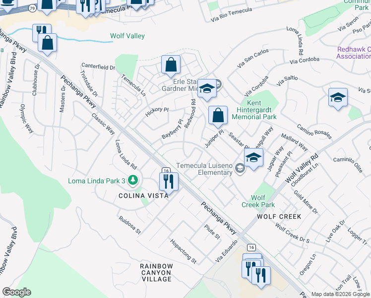 map of restaurants, bars, coffee shops, grocery stores, and more near 45590 Alpine Place in Temecula