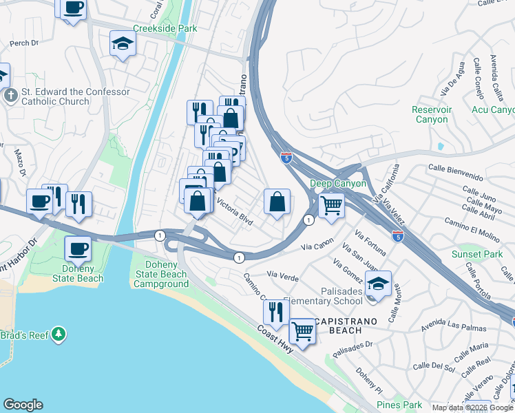 map of restaurants, bars, coffee shops, grocery stores, and more near 34202 Sepulveda Avenue in Dana Point