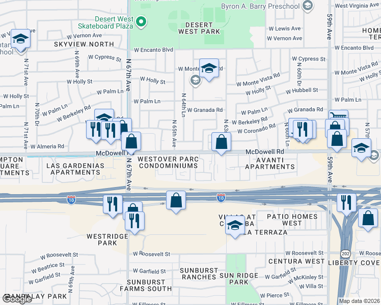 map of restaurants, bars, coffee shops, grocery stores, and more near West McDowell Road in Phoenix