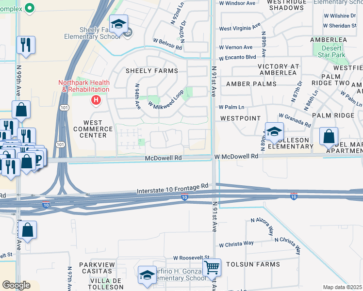 map of restaurants, bars, coffee shops, grocery stores, and more near 9286 West McDowell Road in Phoenix