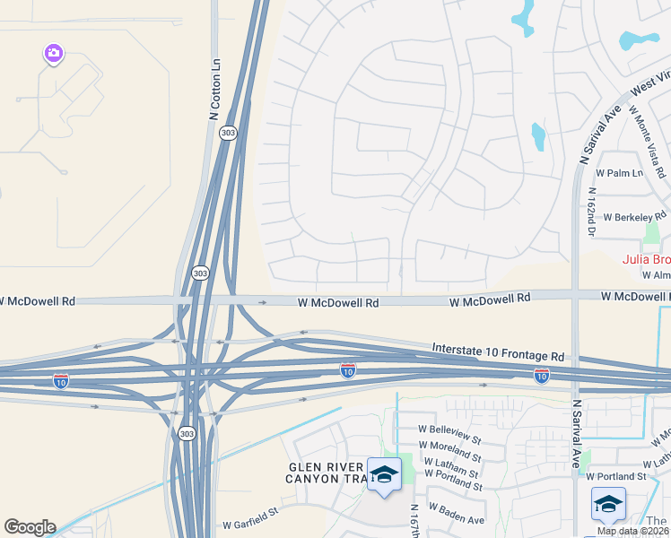 map of restaurants, bars, coffee shops, grocery stores, and more near 16802 West Coronado Road in Goodyear
