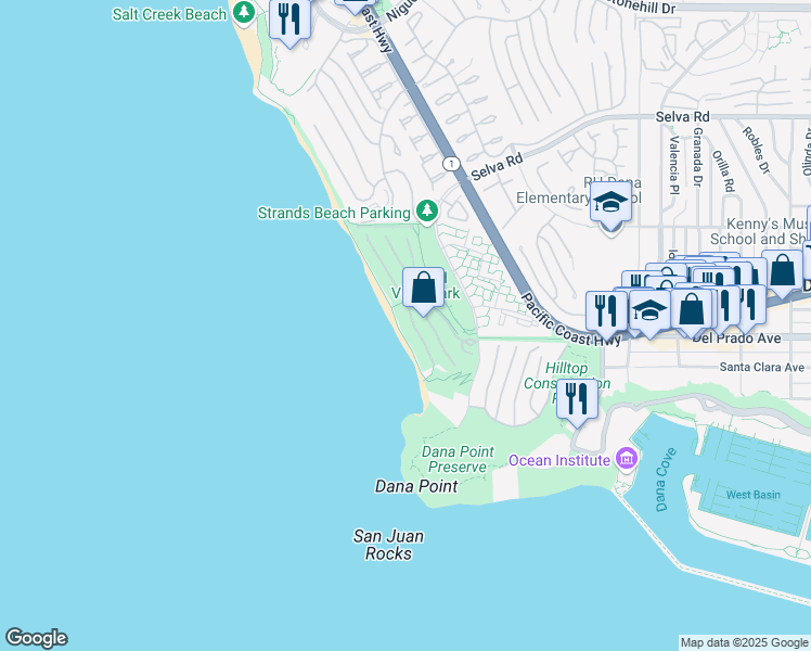 map of restaurants, bars, coffee shops, grocery stores, and more near 21 Strand Beach Drive in Dana Point