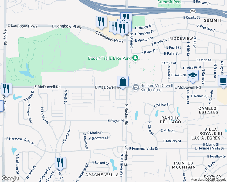 map of restaurants, bars, coffee shops, grocery stores, and more near 5910 East McDowell Road in Mesa