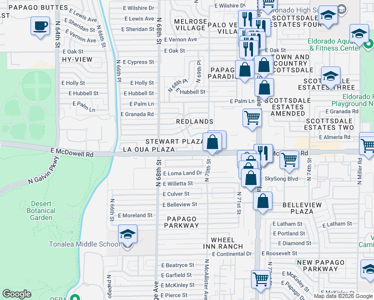 map of restaurants, bars, coffee shops, grocery stores, and more near 6850 East McDowell Road in Scottsdale