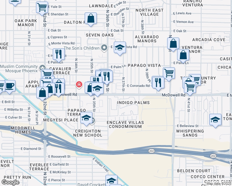 map of restaurants, bars, coffee shops, grocery stores, and more near 1615 North 36th Street in Phoenix
