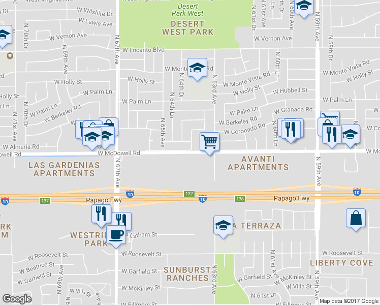 map of restaurants, bars, coffee shops, grocery stores, and more near 6405 West McDowell Road in Phoenix