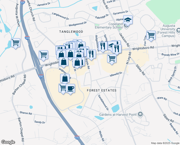 map of restaurants, bars, coffee shops, grocery stores, and more near 1507 Wylds Road in Augusta