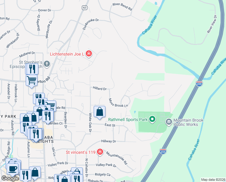 map of restaurants, bars, coffee shops, grocery stores, and more near 3291 Hillard Drive in Vestavia Hills