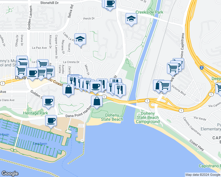 map of restaurants, bars, coffee shops, grocery stores, and more near Doheny Way in Dana Point