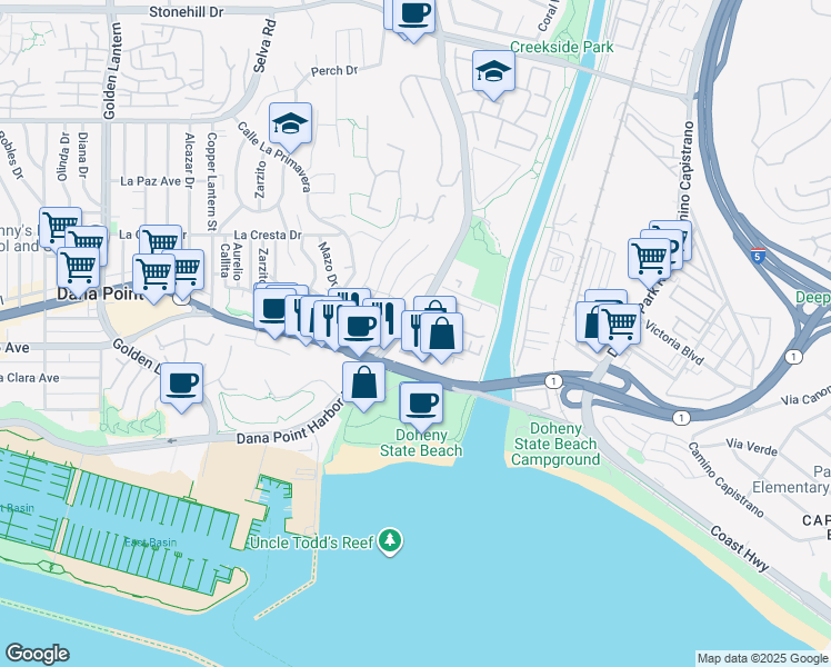 map of restaurants, bars, coffee shops, grocery stores, and more near Doheny Way in Dana Point