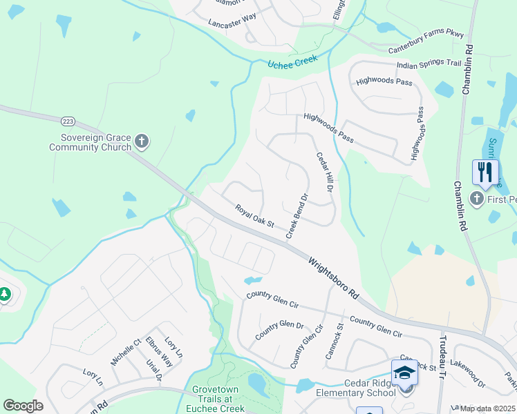 map of restaurants, bars, coffee shops, grocery stores, and more near 702 Oakwood Court in Grovetown