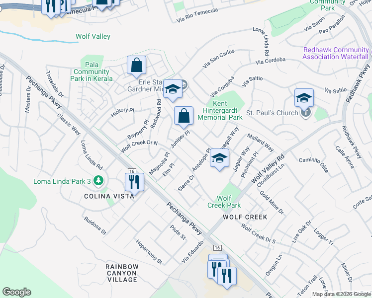 map of restaurants, bars, coffee shops, grocery stores, and more near 45574 Basswood Court in Temecula