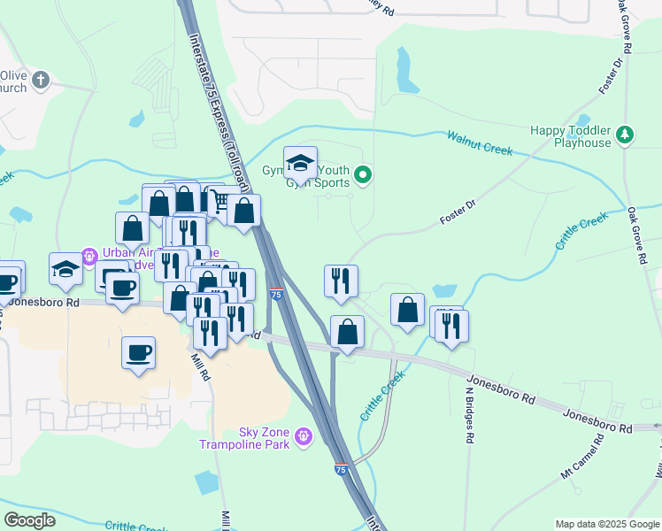 map of restaurants, bars, coffee shops, grocery stores, and more near 141 Foster Drive in McDonough