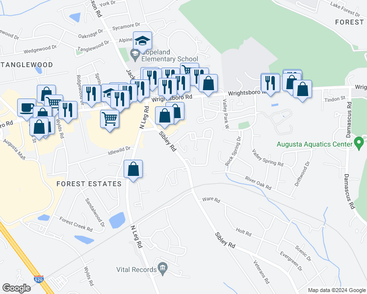 map of restaurants, bars, coffee shops, grocery stores, and more near 1812 Crimson Leaf Way in Augusta