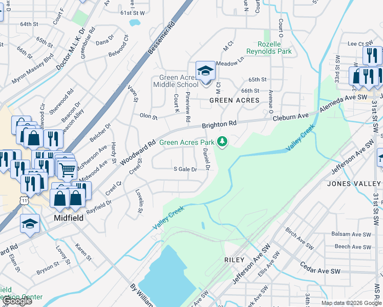 map of restaurants, bars, coffee shops, grocery stores, and more near 932 Daniel Circle in Birmingham