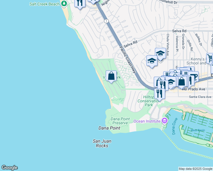 map of restaurants, bars, coffee shops, grocery stores, and more near 21 Strand Beach Drive in Dana Point