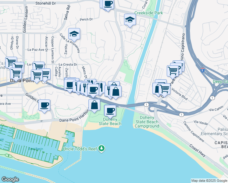 map of restaurants, bars, coffee shops, grocery stores, and more near Doheny Way in Dana Point