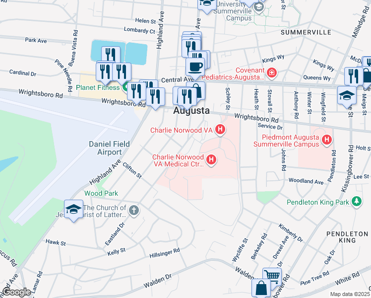 map of restaurants, bars, coffee shops, grocery stores, and more near 1798 Maryland Avenue in Augusta