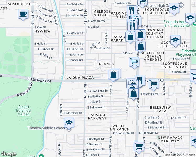 map of restaurants, bars, coffee shops, grocery stores, and more near 6850 East McDowell Road in Scottsdale