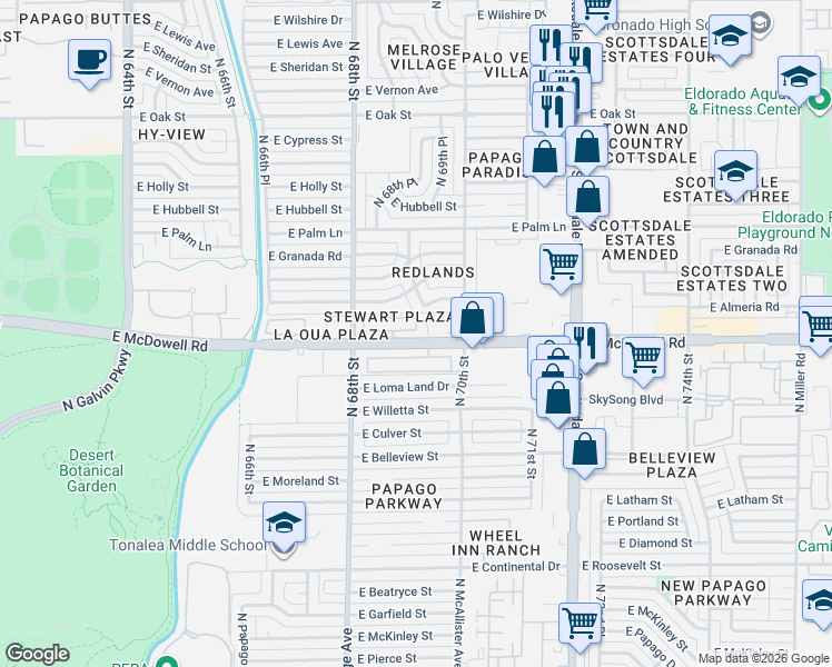 map of restaurants, bars, coffee shops, grocery stores, and more near 6850 East McDowell Road in Scottsdale