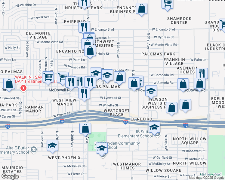map of restaurants, bars, coffee shops, grocery stores, and more near 3348 West McDowell Road in Phoenix