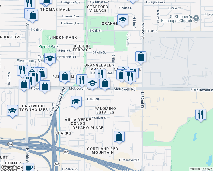 map of restaurants, bars, coffee shops, grocery stores, and more near 4920 East McDowell Road in Phoenix