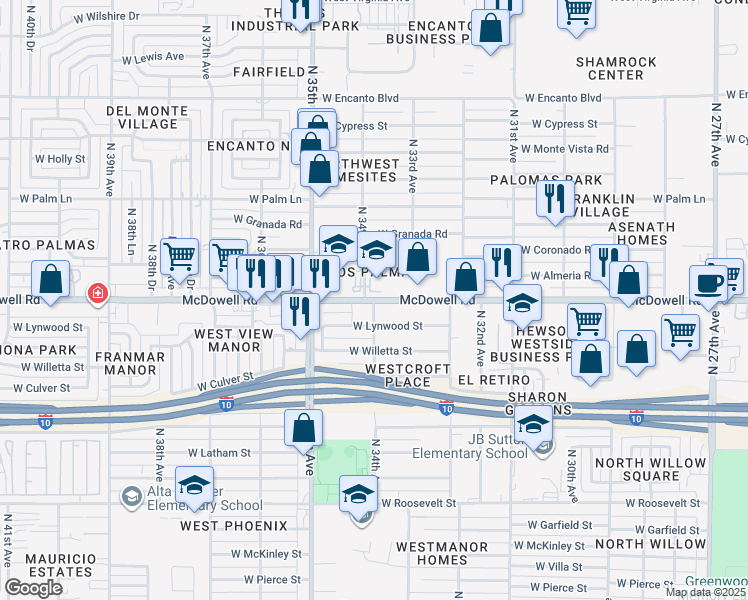 map of restaurants, bars, coffee shops, grocery stores, and more near North 34th Avenue in Phoenix