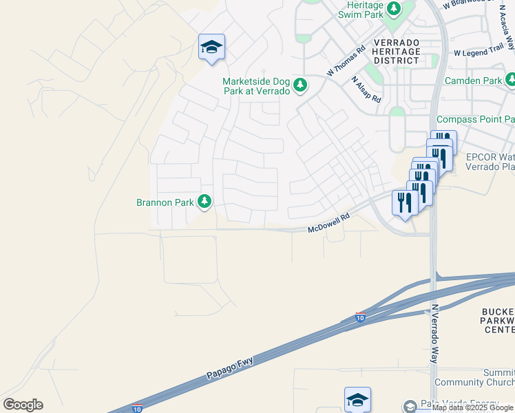 map of restaurants, bars, coffee shops, grocery stores, and more near 21200 West Coronado Road in Buckeye