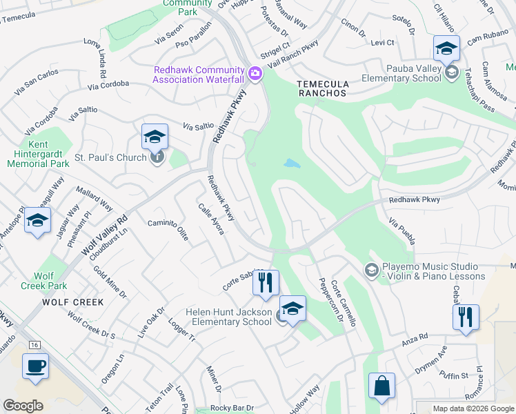 map of restaurants, bars, coffee shops, grocery stores, and more near 45476 Vía Jaca in Temecula