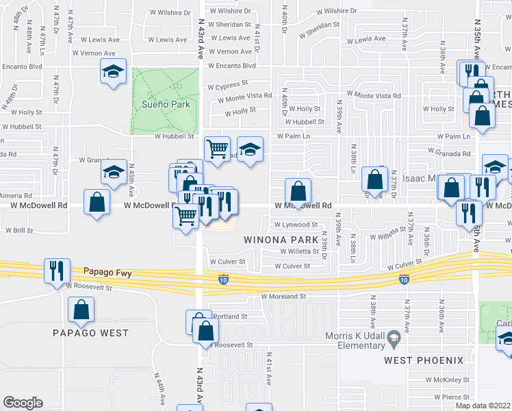 map of restaurants, bars, coffee shops, grocery stores, and more near 1700 North 41st Avenue in Phoenix