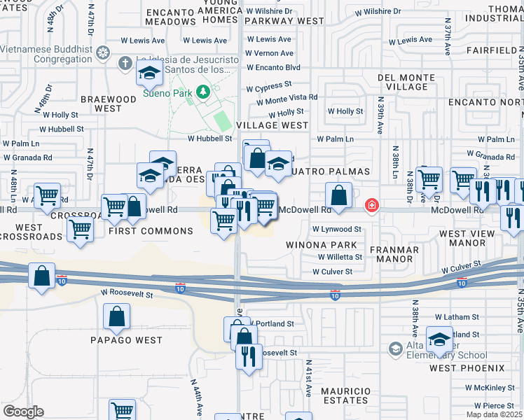 map of restaurants, bars, coffee shops, grocery stores, and more near 4230 West McDowell Road in Phoenix