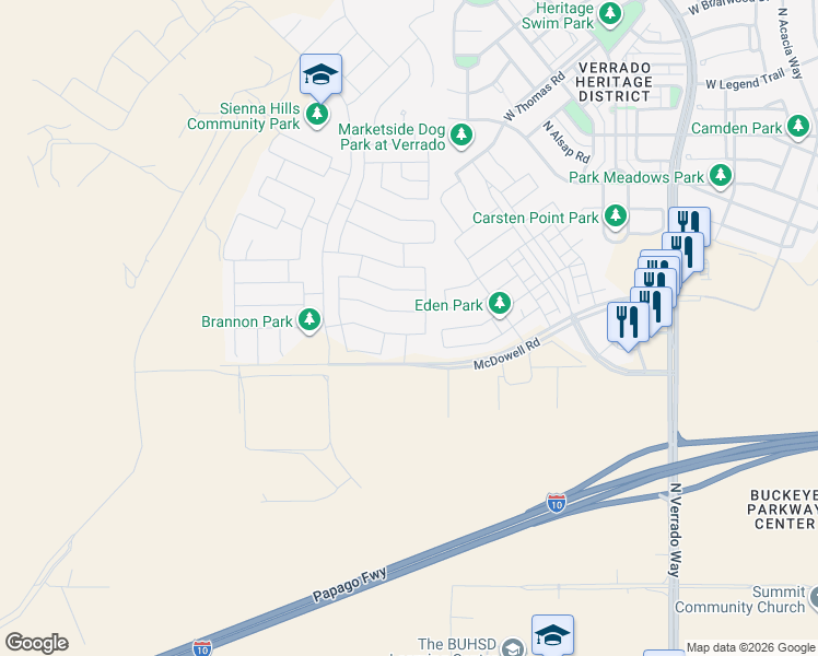 map of restaurants, bars, coffee shops, grocery stores, and more near 21200 West Coronado Road in Buckeye