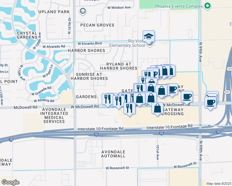 map of restaurants, bars, coffee shops, grocery stores, and more near 10350 West McDowell Road in Avondale