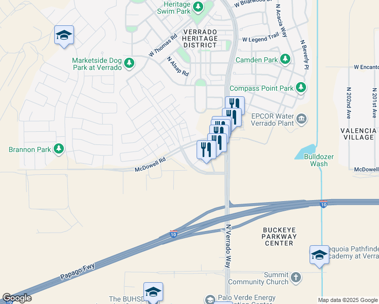 map of restaurants, bars, coffee shops, grocery stores, and more near 20825 West McDowell Road in Buckeye