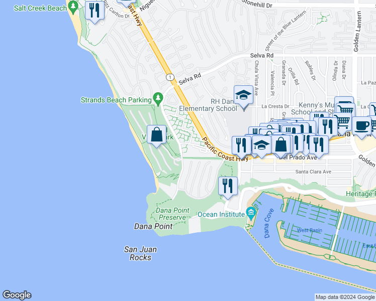 map of restaurants, bars, coffee shops, grocery stores, and more near 34134 Selva Road in Dana Point