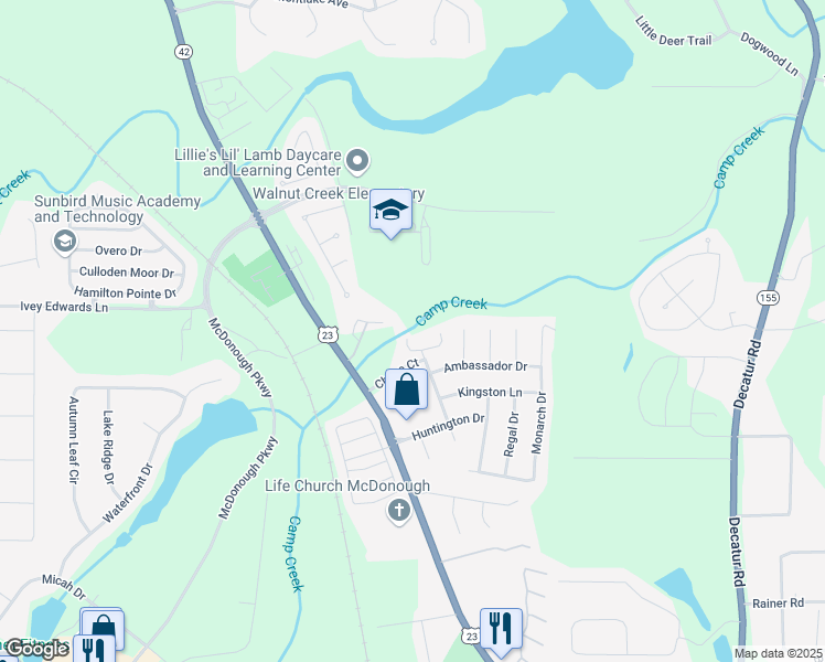 map of restaurants, bars, coffee shops, grocery stores, and more near 405 Chase Lane in McDonough