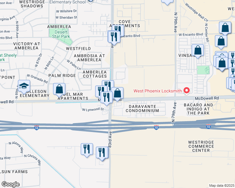 map of restaurants, bars, coffee shops, grocery stores, and more near 1611 North 83rd Avenue in Phoenix