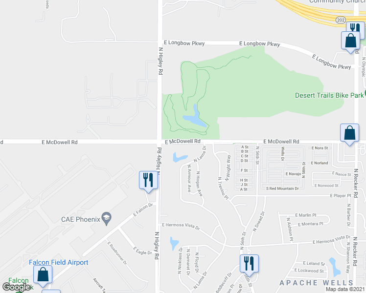 map of restaurants, bars, coffee shops, grocery stores, and more near 5245 East McDowell Road in Mesa
