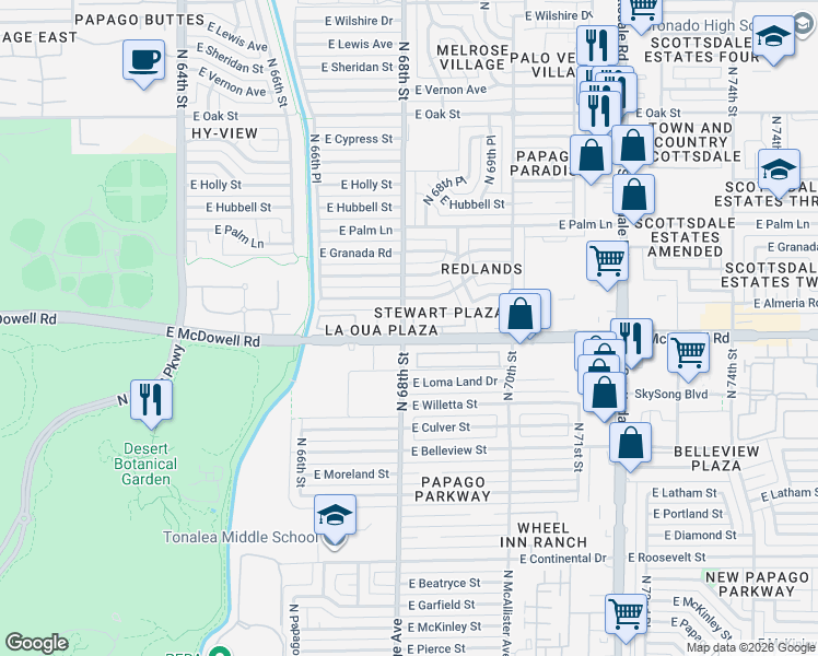 map of restaurants, bars, coffee shops, grocery stores, and more near 6801 East Almeria Road in Scottsdale