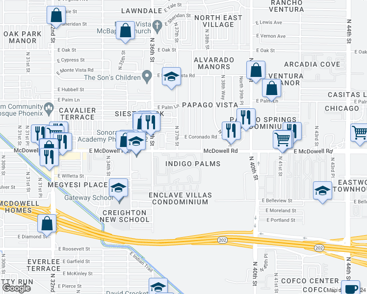 map of restaurants, bars, coffee shops, grocery stores, and more near 3701 East Coronado Road in Phoenix