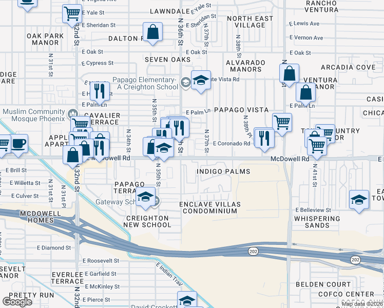 map of restaurants, bars, coffee shops, grocery stores, and more near 1615 North 36th Street in Phoenix