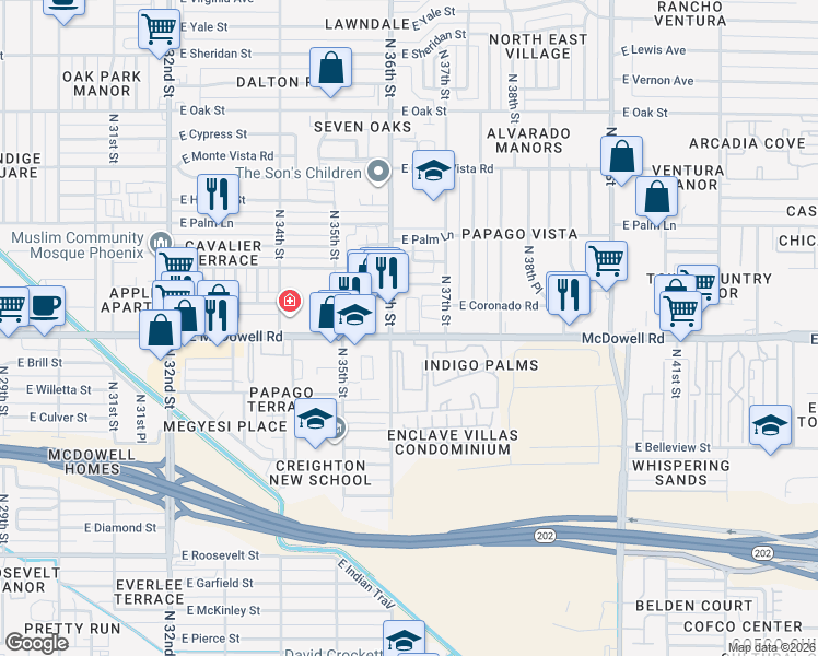 map of restaurants, bars, coffee shops, grocery stores, and more near 1615 North 36th Street in Phoenix
