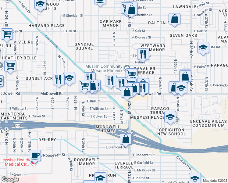 map of restaurants, bars, coffee shops, grocery stores, and more near 1611 North 31st Street in Phoenix