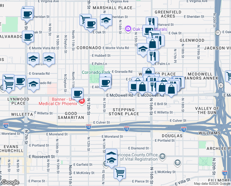 map of restaurants, bars, coffee shops, grocery stores, and more near 1328 East McDowell Road in Phoenix